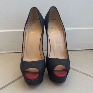 Black Glitter Louboutin Peep-toe Stilettos